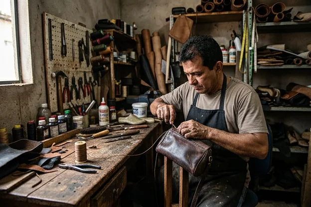 Sapateiro reformando uma bolsa de couro em Parauapebas.
